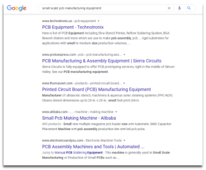 screenshot of serp for the keyword "small scale pcb manufacturing equipment"